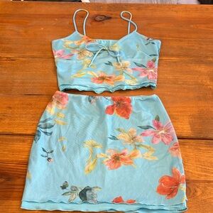 SHEIN Aqua Floral Two-Piece Crop Top & Skirt Set
